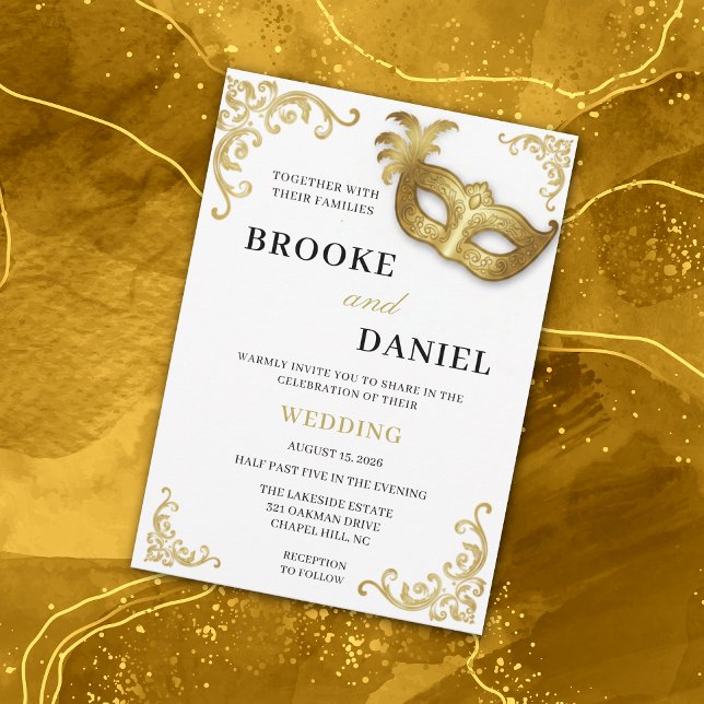 Elegant White and Gold Frame Masquerade Wedding Invitation (Creator Uploaded)