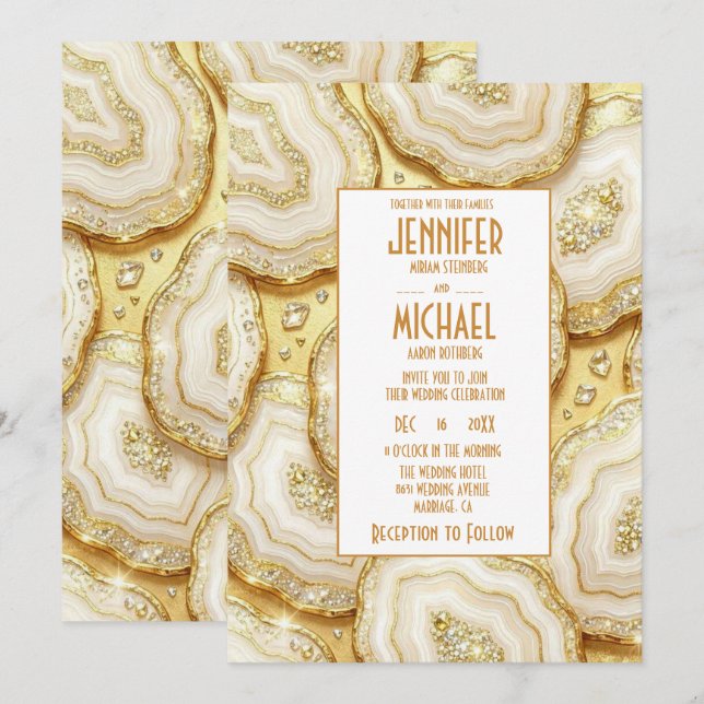 Elegant White and Gold Geode Wedding Invitations (Front/Back)