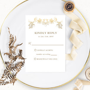Elegant White and Gold Gilded Leaves, Wedding RSVP Card