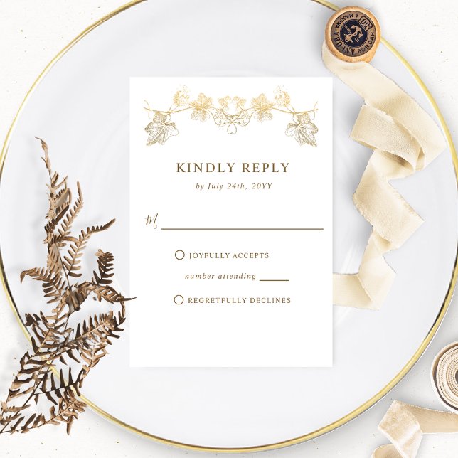 Elegant White and Gold Gilded Leaves, Wedding RSVP Card (Creator Uploaded)