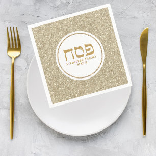 Elegant White and Gold Glitter Hebrew Passover Napkin