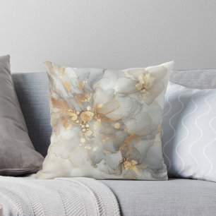 Elegant White and Gold Ink Abstract Art Cushion