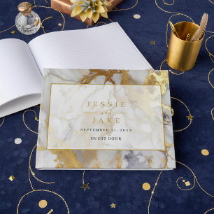 Elegant white and Gold Marble Wedding Guest Book