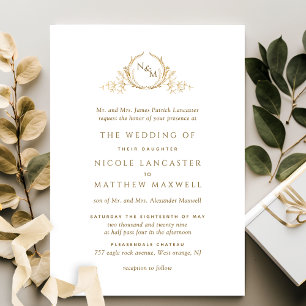 Elegant White and Gold Monogram Formal Wedding Invitation