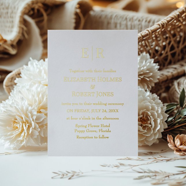 Elegant White and Gold Monogram Wedding (Elegant White and Gold Monogram Wedding Foil Invitation on a table with boho decoration and flowers)
