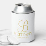 Elegant White and Gold Personalised Bridesmaid Can Cooler<br><div class="desc">Elegant White and Gold Personalised Bridesmaid Gifts featuring personalised monogram in gold elegant script font style with bridesmaid's name and title in gold classic serif font style. Also perfect for Maid of Honour, Flower Girl, Mother of the Bride and more. Please Note: The foil details are simulated in the artwork....</div>