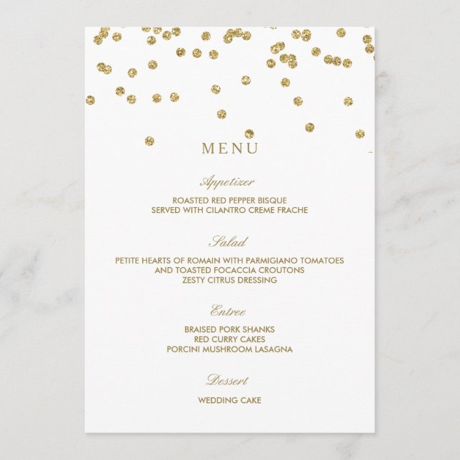 Elegant White and Gold Polka Dots Wedding Menu (Front)