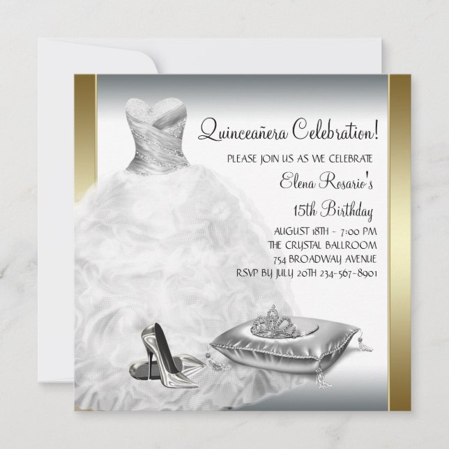 Elegant White and Gold Princess Quinceanera Invitation (Front)