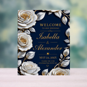 Elegant White and Gold Rose on Navy Blue Acrylic Sign