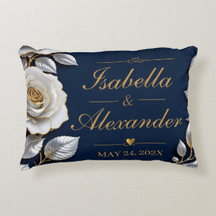 Elegant White and Gold Rose on Navy Blue Decorative Cushion