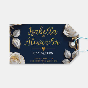 Elegant White and Gold Rose on Navy Blue  Gift Tags