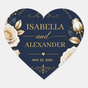 Elegant White and Gold Rose on Navy Blue Heart Sticker