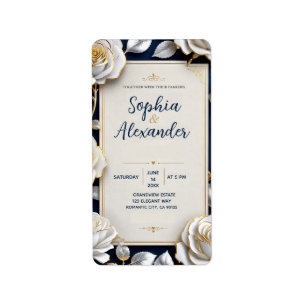 Elegant White and Gold Rose on Navy Blue Label