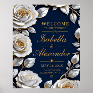 Elegant White and Gold Rose on Navy Blue  Poster