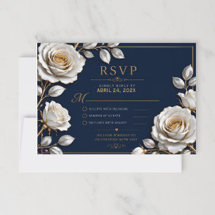 Elegant White and Gold Rose on Navy Blue  RSVP Card