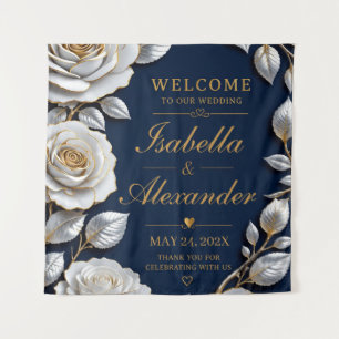 Elegant White and Gold Rose on Navy Blue  Tapestry