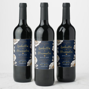 Elegant White and Gold Rose on Navy Blue Wine Label