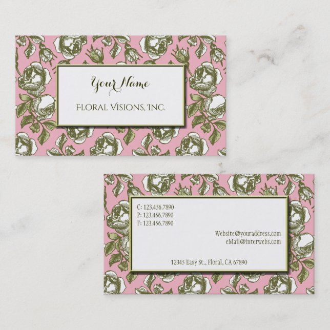 Elegant White and Gold Roses on Pink Custom Business Card (Front/Back)