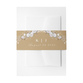 Elegant White and Gold Roses Vintage Crest Wedding Invitation Belly Band