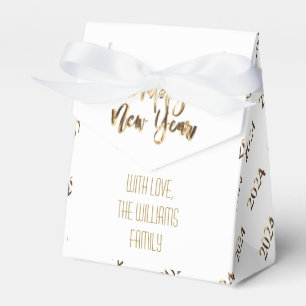 Elegant White and Gold Script Happy New Year 2024 Favour Box