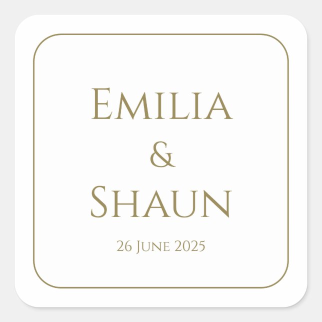 Elegant White and Gold Square Wedding Stickers (Front)