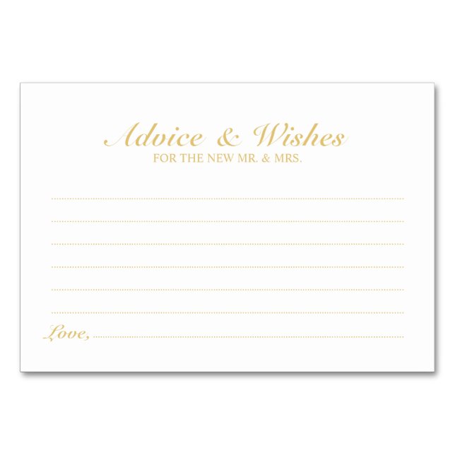 Elegant White and Gold Wedding Advice and Wishes Table Number (Front)