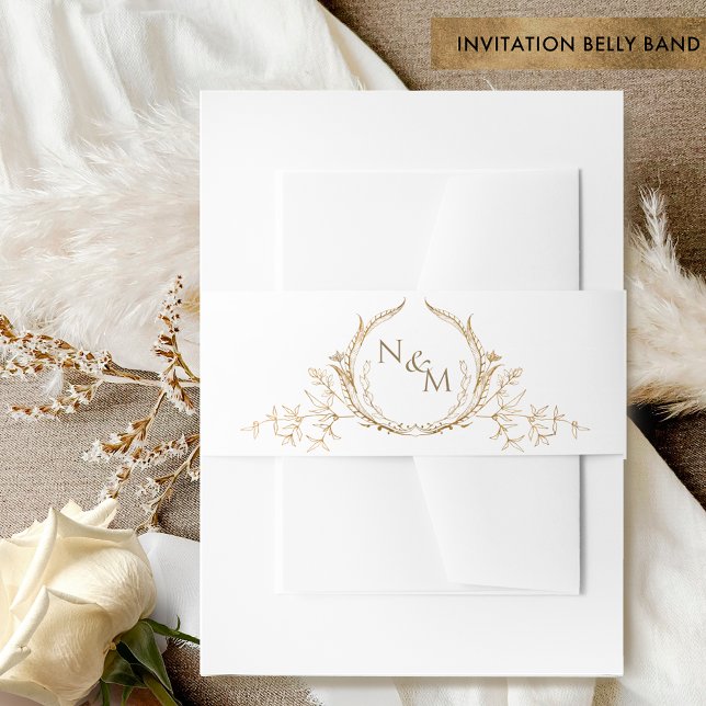 Elegant White and Gold Wedding Hand Drawn Monogram Invitation Belly Band (Creator Uploaded)