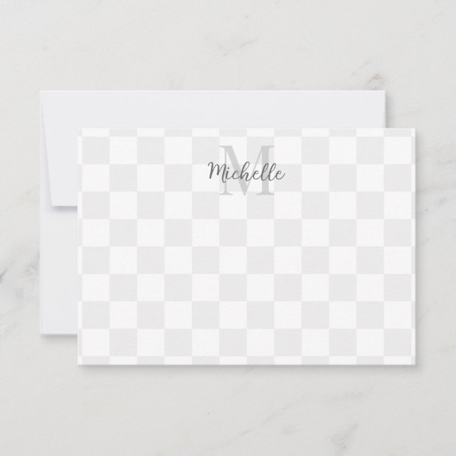 Elegant White and Gray Checkerboard Custom Name Card (Front)