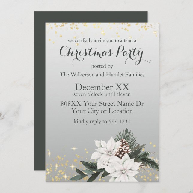 Elegant White and Green Winter Floral Christmas Invitation (Front/Back)