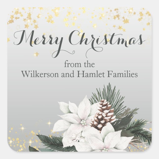 Elegant White and Green Winter Floral Christmas Square Sticker (Front)