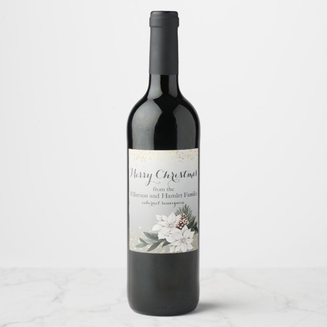 Elegant White and Green Winter Floral Christmas Wine Label (Front)