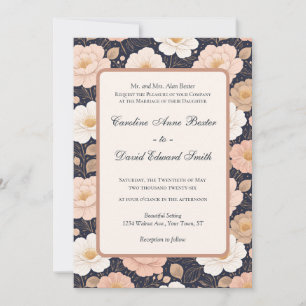 Elegant White and Muted Pink Flowers on Dark Navy Invitation