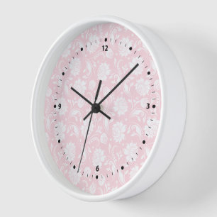 Elegant white and pale pink floral damask pattern clock