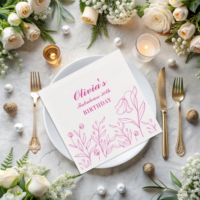 Elegant White And Pink Florals 30th Birthday Napkin (Creator Uploaded)