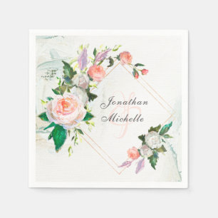 Elegant White and Pink Oil Paint Roses Wedding  Napkin
