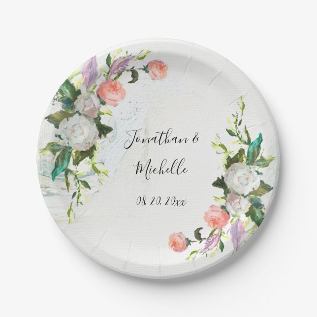 Elegant White and Pink Oil Paint Roses Wedding Paper Plate (Front)