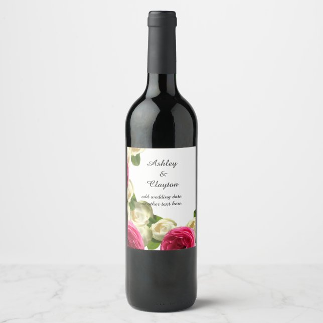 Elegant White and Pink Roses Wine Label (Front)