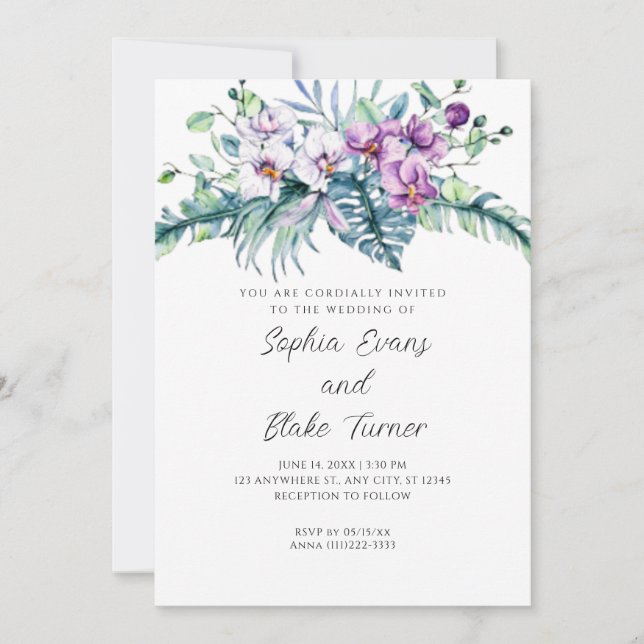 Elegant White and Purple Floral White Wedding Invitation (Front)