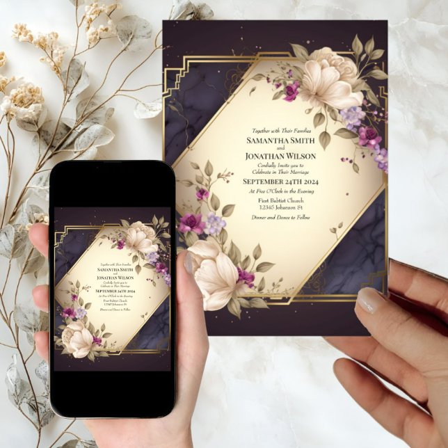 Elegant White and Purple Flowers on Marble Wedding Invitation (Creator Uploaded)