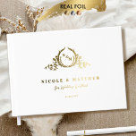 Elegant White and Real Foil Monogram Wedding Guest Book<br><div class="desc">Personalise this elegant monogrammed wedding guestbook featuring real gold, silver, or rose gold foil on exquisite monogram and front, spine, and back text. Luxurious velvet soft textured white background colour, and beautiful modern calligraphy details in a clean, minimal, and sleek style. Three size options with three inside paper-type choices. Personalise...</div>