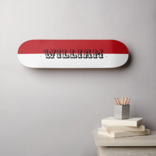 Elegant white and red personalised name skateboard