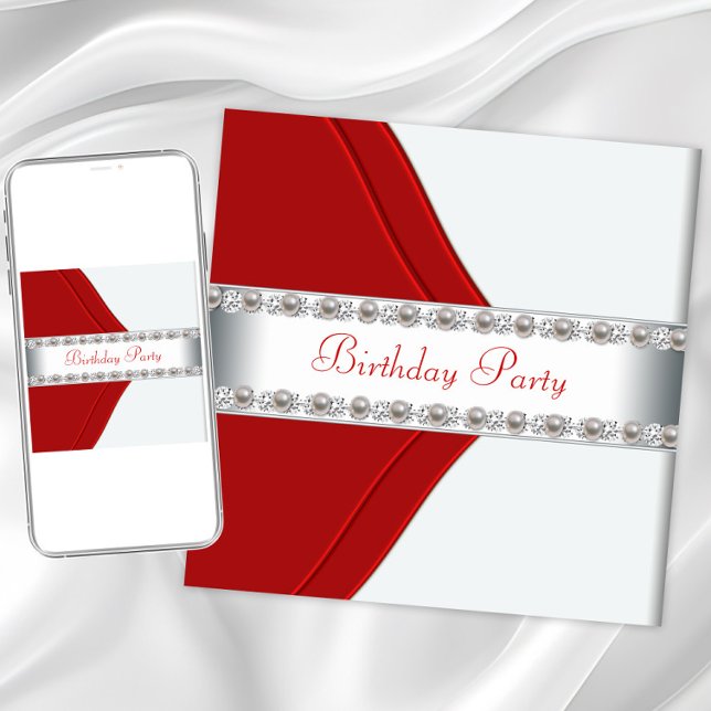 Elegant White and Red Womans Birthday Party Invitation (Red white pearl birthday any occasion invitation. Instant download and printed invitations available)