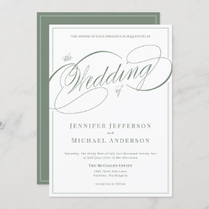 Elegant White and Sage Calligraphy Script Wedding Invitation