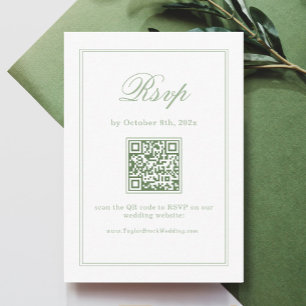 Elegant White and Sage Green Wedding RSVP Qr Code Enclosure Card