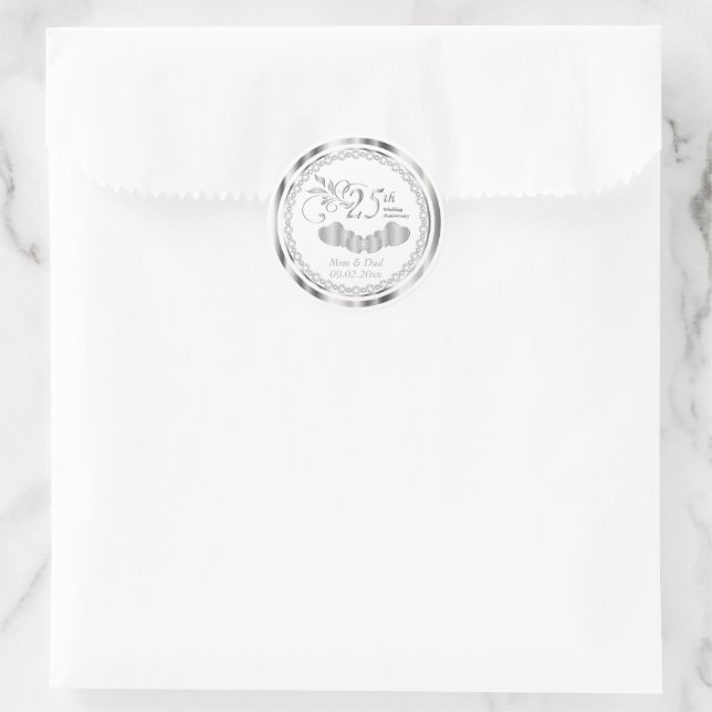 Elegant White and Silver Anniversary Classic Round Sticker (Bag)
