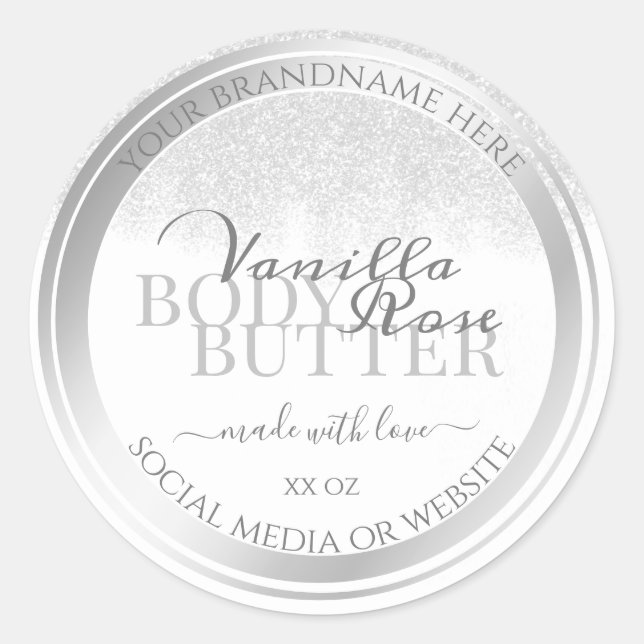 Elegant White and Silver Product Packaging Labels (Front)