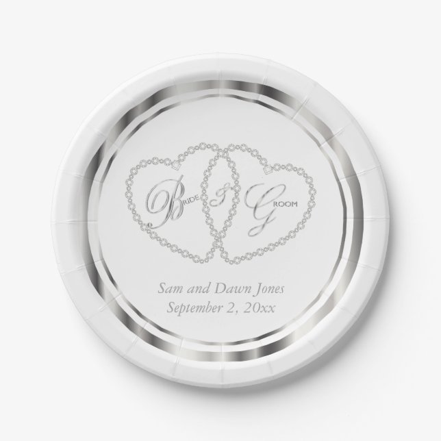 Elegant White and Silver Wedding Paper Plate (Front)