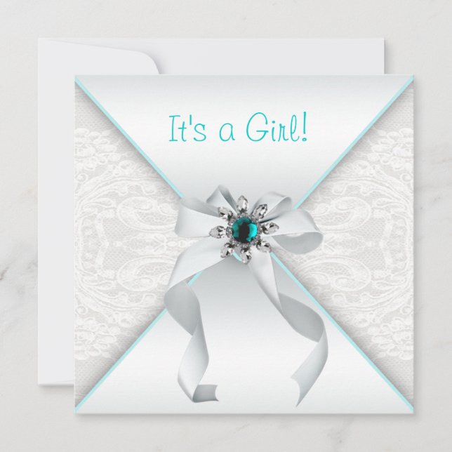 Elegant White and Teal Blue Baby Girl Shower Invitation (Front)