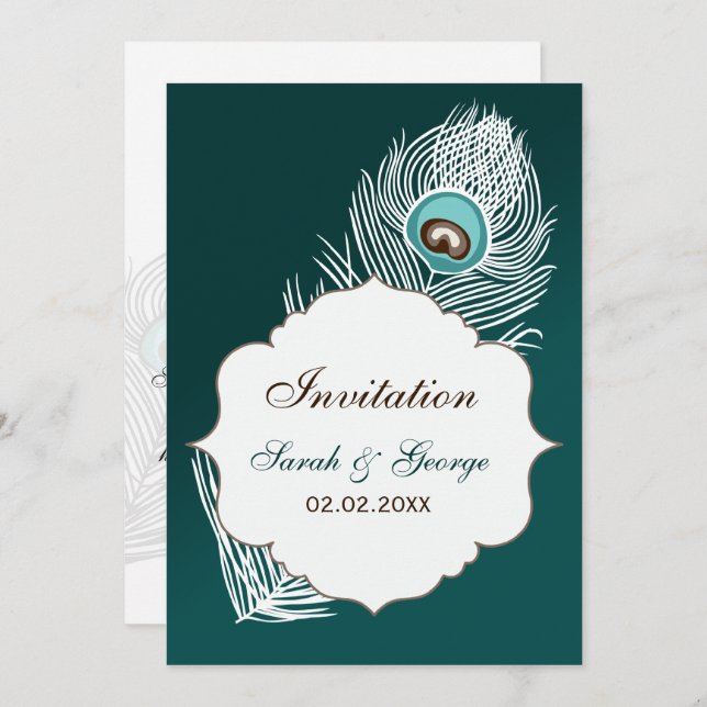 Elegant white and teal peacock wedding invitation (Front/Back)