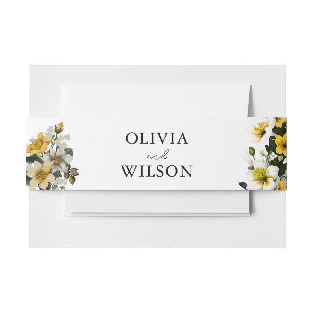 Elegant White and Yellow Floral Wedding Invitation Belly Band (Front Example)